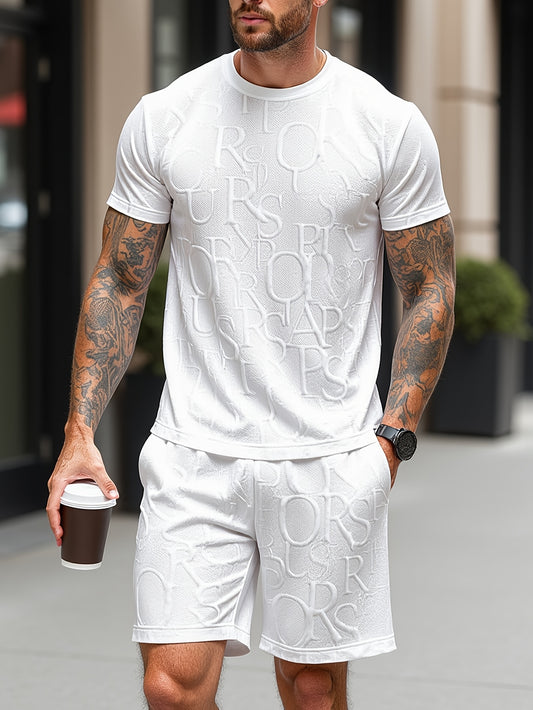 European and American Style Men's Fashion Set with Letter Pattern Round Neck Short Sleeve T-shirt + Shorts