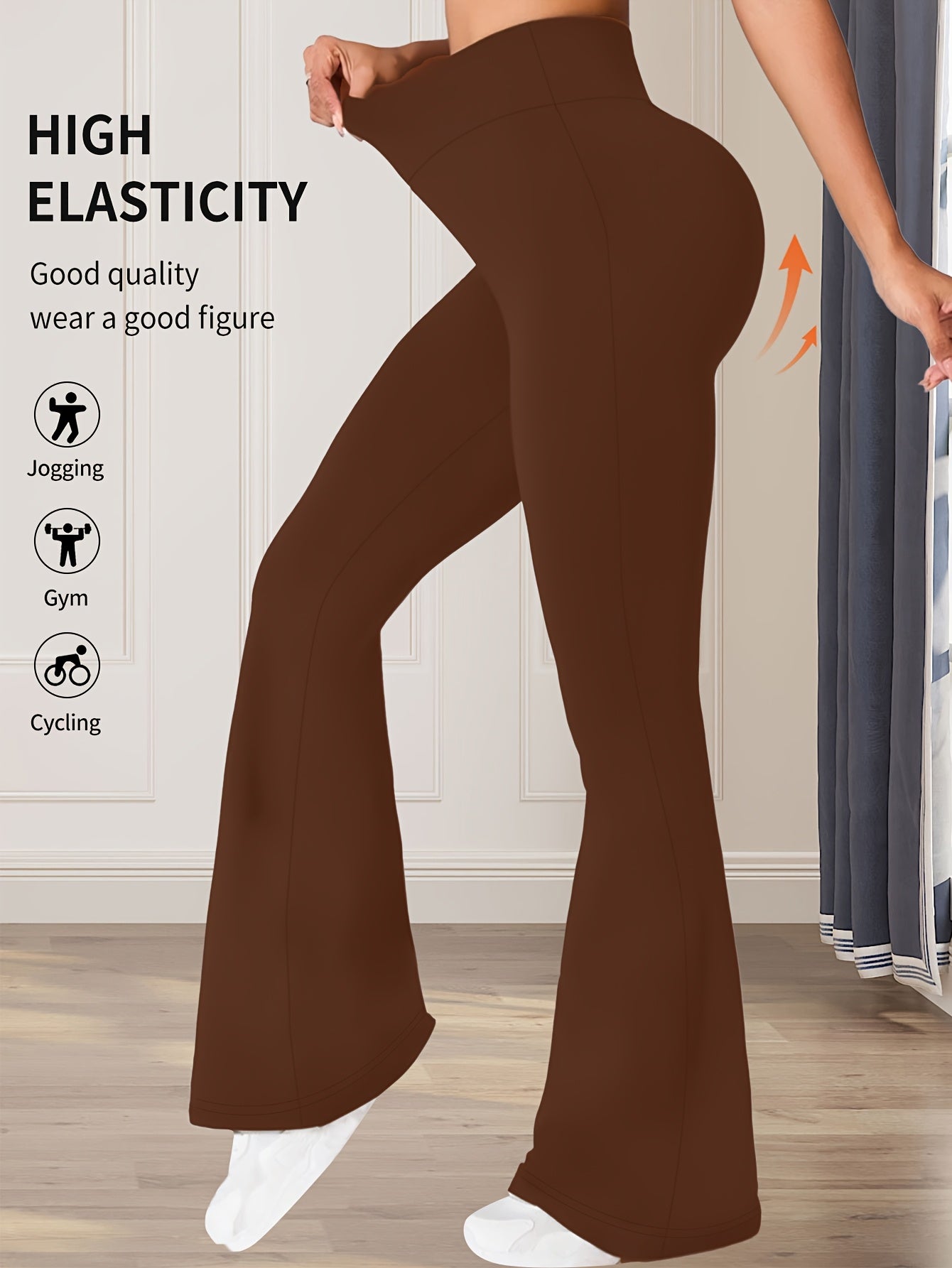 High-Waisted Flared Leggings for Women - Stretchy Black Polyester Pants with Tummy Control, Slimming Fit, and Breathable Design for Spring/Summer/Fall Casual Wear, Spring Summer Leggings | Fitted Leggings | Elastic Waistband
