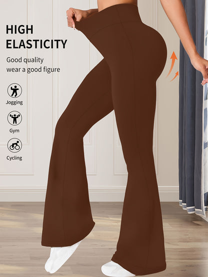 High-Waisted Flared Leggings for Women - Stretchy Black Polyester Pants with Tummy Control, Slimming Fit, and Breathable Design for Spring/Summer/Fall Casual Wear, Spring Summer Leggings | Fitted Leggings | Elastic Waistband