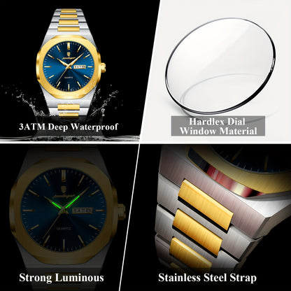 POEDAGAR Men'S Luxury Quartz Watch - Waterproof, Luminous Calendar, Stainless Steel Band, Business Style, Blue & Golden Accents, 3ATM, Non-Rechargeable Button Battery, Perfect for Spring Festival & Valentine'S Day Gifts