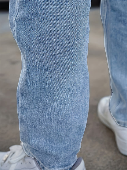 Men'S Loose-Fit Jeans, Cotton Blend Street Style Denim Pants, Non-Stretch Solid Color, Regular Length, with Multiple Pockets for All-Season Wear
