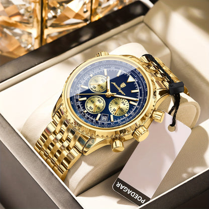 POEDAGAR Luxury Men's Quartz Watch -, Luminous Chronograph with Date Function, Stainless Steel Band & Zinc Alloy Case