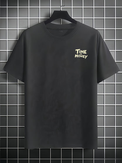 Men'S Casual Short Sleeve T-Shirt with "Time is Money" Clock & Stack of Cash Graphic - Lightweight Polyester, Loose Fit, Round Neck, Perfect for Spring & Summer Outdoor Wear, Relaxed Fit Shirt | Bold Graphic Tee | Glossy Text