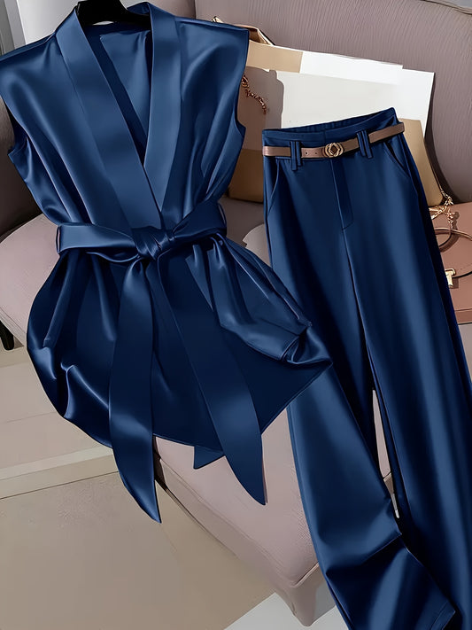 Elegant Navy Blue Satin Sleeveless Blouse & Wide-Leg Pants Set - Chic Belted Waist, High-Waisted Design, Smooth Texture, Perfect for Casual or Formal Occasions, Formal Attire | Belted Waist Blouse | Glossy Finish