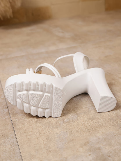 Women's Chunky Platform High Heel Sandals - Elegant Open-Toe Summer Shoes with Ankle Strap, Synthetic Cover Upper & PU Sole, White Versatile Dressy Casual Footwear, Chunky Heel Sandals, Formal Casual Wear, Crisscross Ankle St