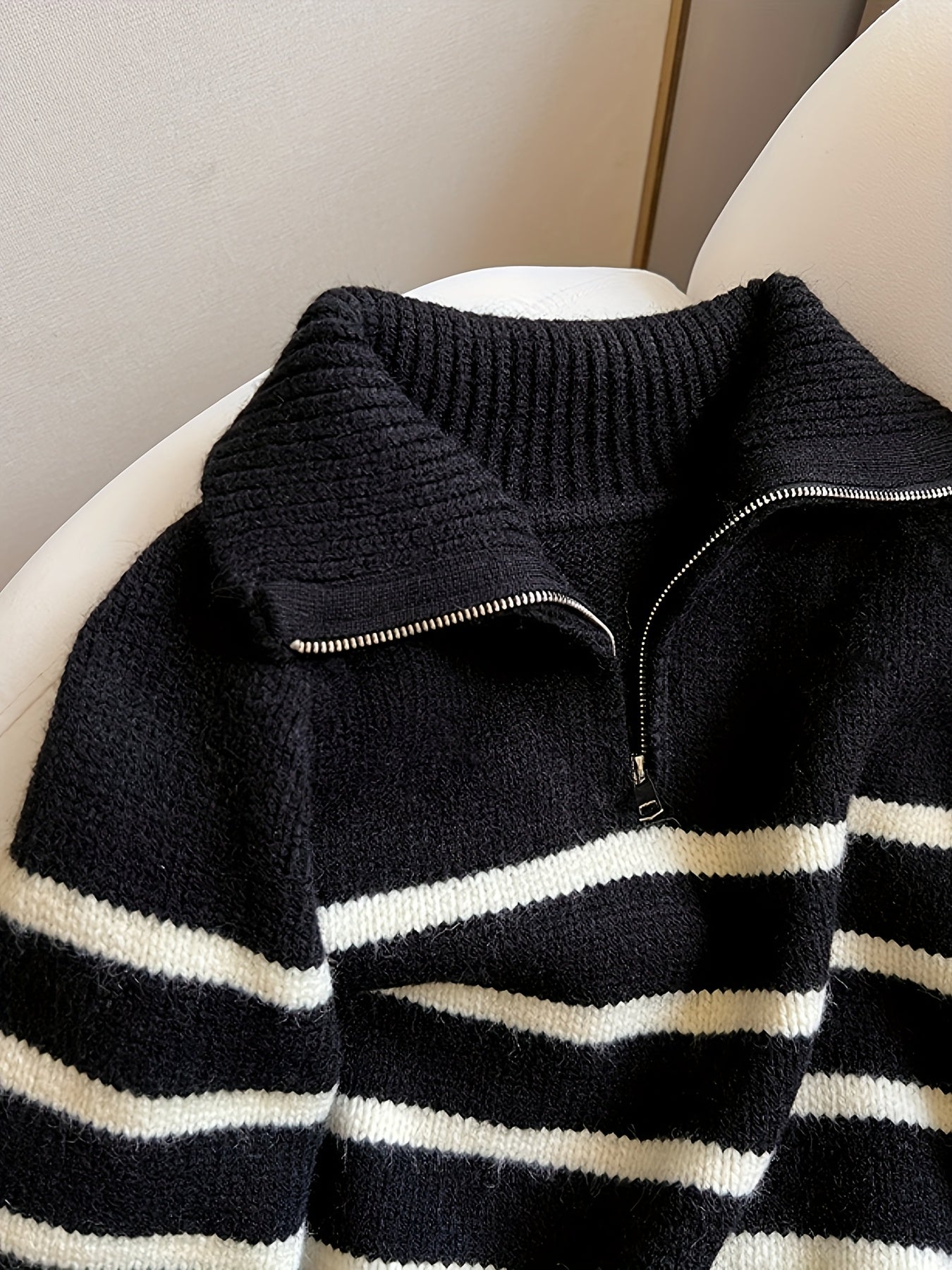 Striped Color Block Collared Sweater for Women Autumn Winter New Arrival Thick Half Zip Loose Soft Knit Top