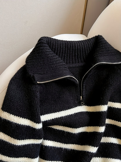 Striped Color Block Collared Sweater for Women Autumn Winter New Arrival Thick Half Zip Loose Soft Knit Top