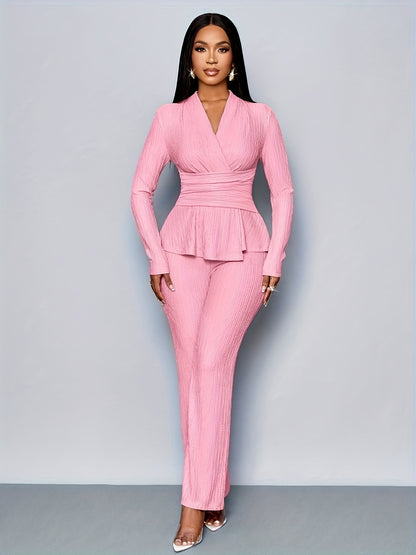 Elegant Women'S V-Neck Long Sleeve Top and Wide Leg Pants Two-Piece Set, Asymmetrical Hem Two-Piece Outfit for Casual Daily Wear, Winter Women'S Clothing