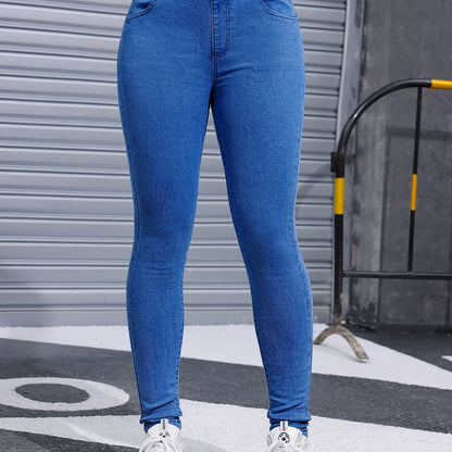 Women's High Stretch Skinny Jeans, Casual Solid Color Washed Denim, with Polyester and Elastane Blend, for All-Season Wear