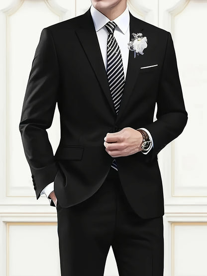 Men's Two-Piece Suit in Solid Color with Sealed Pockets, Regular Fit Suit Pants, Elegant and Classic, Suitable for Business and Wedding Parties