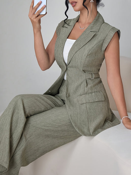 Stylish Women's Elegant Modern Side-Tie Design Two-Piece Spring/Summer Solid Color Sleeveless Jacket and Pants Set