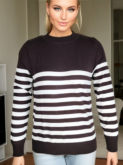 Striped Crew Neck Pullover Sweater, Casual Long Sleeve Versatile Sweater, Women's Clothing