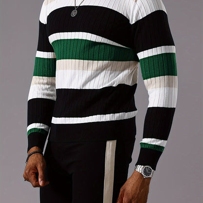 Men's Striped Color-Block Ribbed Knit Sweater - Long Sleeve Round Neck Pullover with Elastic Comfort Fit, Machine Washable Casual Fall Winter Top in Black/White/Green/Beige, Knit Sweater, Medium Elasticity