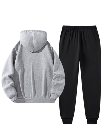 Men'S Sporty Two-Piece Hoodie and Pants Set - Gray with Black Logo, Non-Stretch Fabric, Regular Fit, Pockets, Ideal for Fall/Winter, Casual Wear|Hooded Sweatshirt|Pocketed Pants, Sweater Hoodie