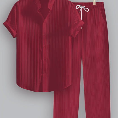 2pcs Men's Summer Casual Striped Polyester Outfit Set, Short Sleeve Stand Collar Shirt and Drawstring Pants, Non-Stretch Woven Fabric, Regular Fit for Daily Wear and Beach Vacation, Plain Color, Beach Vacation