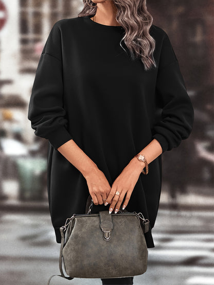 Elegant Women'S Fleece-Lined Sweatshirt Dress - Polyester Knit Fabric, Solid Color, Crew Neck, All-Season Loose Long Sleeve Casual Wear