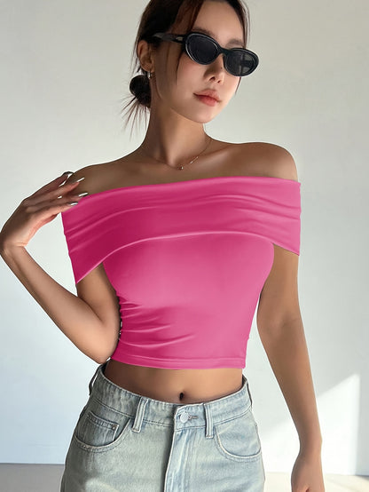 Chic Comfort| Elegant Women's Light Pink Off-Shoulder Ruched Crop Top - Slim Fit, Solid Color, Polyester & Elastane Blend, Machine Washable for Summer, Casual Wear|Chic Offshoulder Top|Delicate Texture