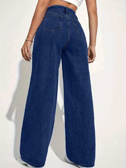Women'S High-Waisted Straight Leg Jeans, Casual Stretch Denim Pants, Solid Color, Full Length, with Pockets, for Spring/Summer/Fall