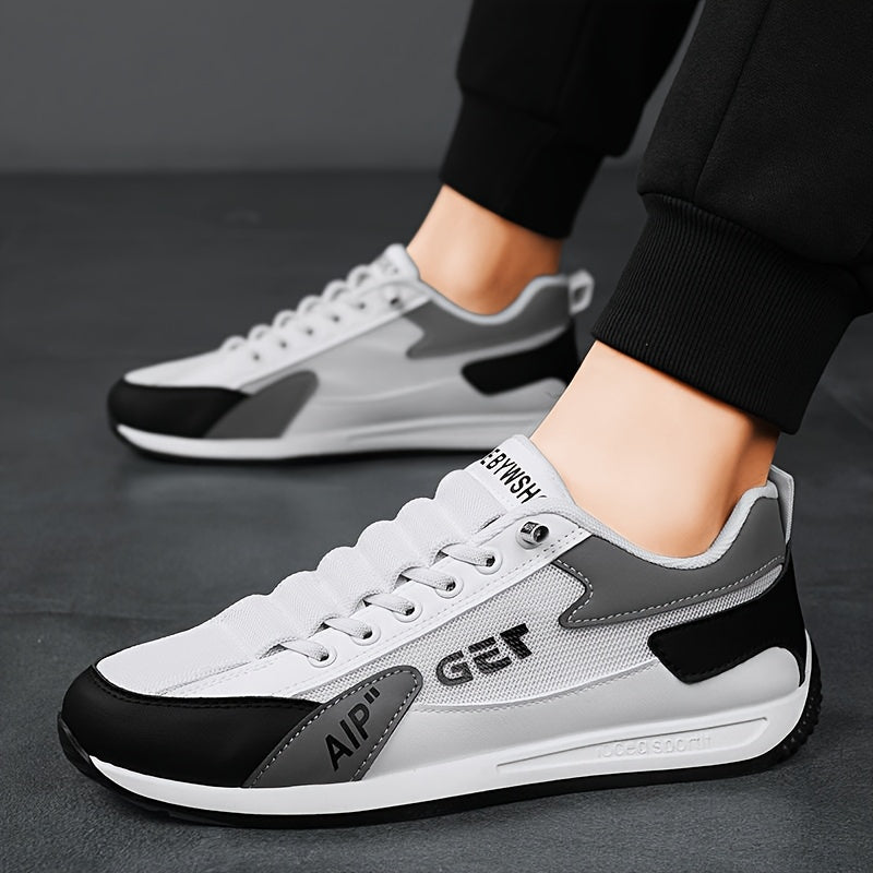 1 Pair Men's Breathable Low-Top Casual Sneakers - White & Black PU Upper with Rubber Sole, Lightweight Walking Shoes for Spring Summer Fall, Lace-Up Design & Fabric Lining, Spring Summer Footwear, Comfortable Fabric Lining