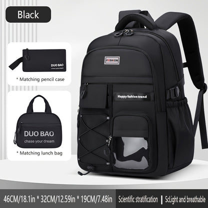 Large Capacity Backpack Set 3pcs, Polyester Lined, Spliced, Adjustable Shoulder Straps, Zipper Closure, Lightweight, Casual Style, for Going Out