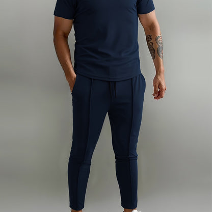 Men's Slim-Fit Casual & Joggers Set - Breathable Polyester, Short Sleeve, Summer Outdoor Wear