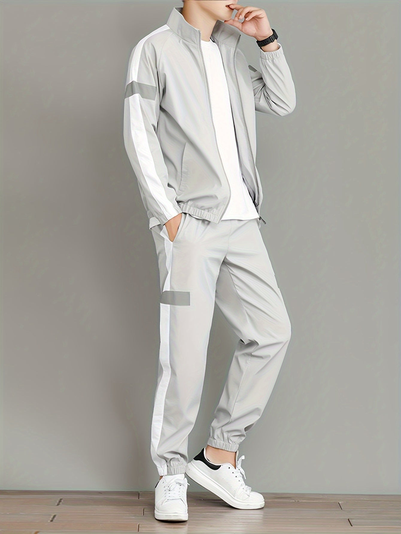 Men's Casual Sportswear Set - Black and White Striped Zip-Up Jacket with Reflective Accents & Matching Joggers, Polyester, Machine Washable, Ideal for Spring & Fall, Jogging Pants