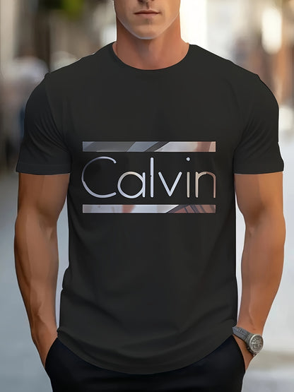 Men'S "Calvin" Graphic T-Shirt - Casual 3D Print Letter Tee with Geometric Design, Short Sleeve, Round Neck, Light Blue, Perfect for Summer, Everyday & Sportswear, Casual Wear Tee | Modern Casualwear | Comfortable Fit