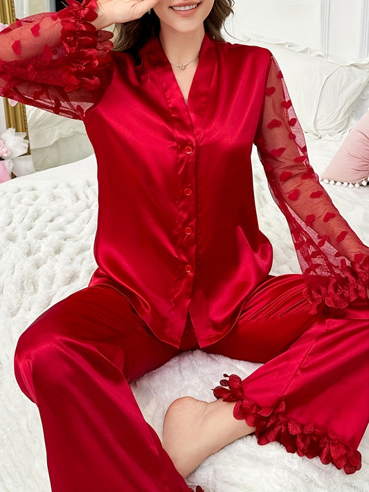 Elegant Women'S Lace-Trimmed Long Sleeve Pajama Set - Vibrant Red V-Neck Loungewear with Floral Lace Detail, Soft Polyester Blend for All Seasons