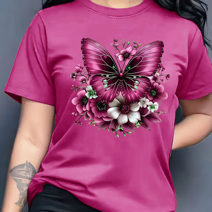 Women'S Floral Butterfly Print T-Shirt, Short Sleeve Crew Neck Casual Top for Spring & Summer, Vibrant Green with White & Blue Flowers, Perfect Birthday or Holiday Gift, Everyday Fashion | Vibrant Casual Top | Glossy Texture