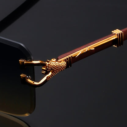 Elegant Rimless Pilot-Style Fashion Glasses for Men & Women - Golden Leopard Print with Green Gradient Lenses, Lightweight Metal Frame, Ideal for Beach Parties & Travel