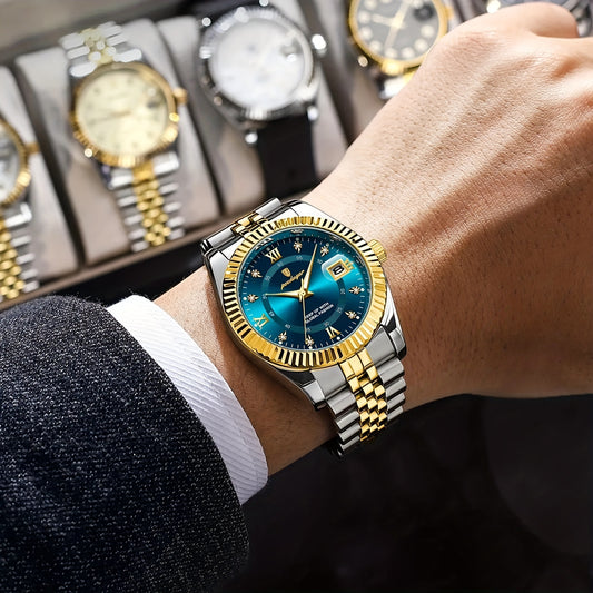POEDAGAR Luxury Men'S Quartz Watch - Waterproof, Luminous, Stainless Steel Band, Blue & Golden Accents, Date & Week Display, Casual Elegant Timepiece with Backpack Clasp