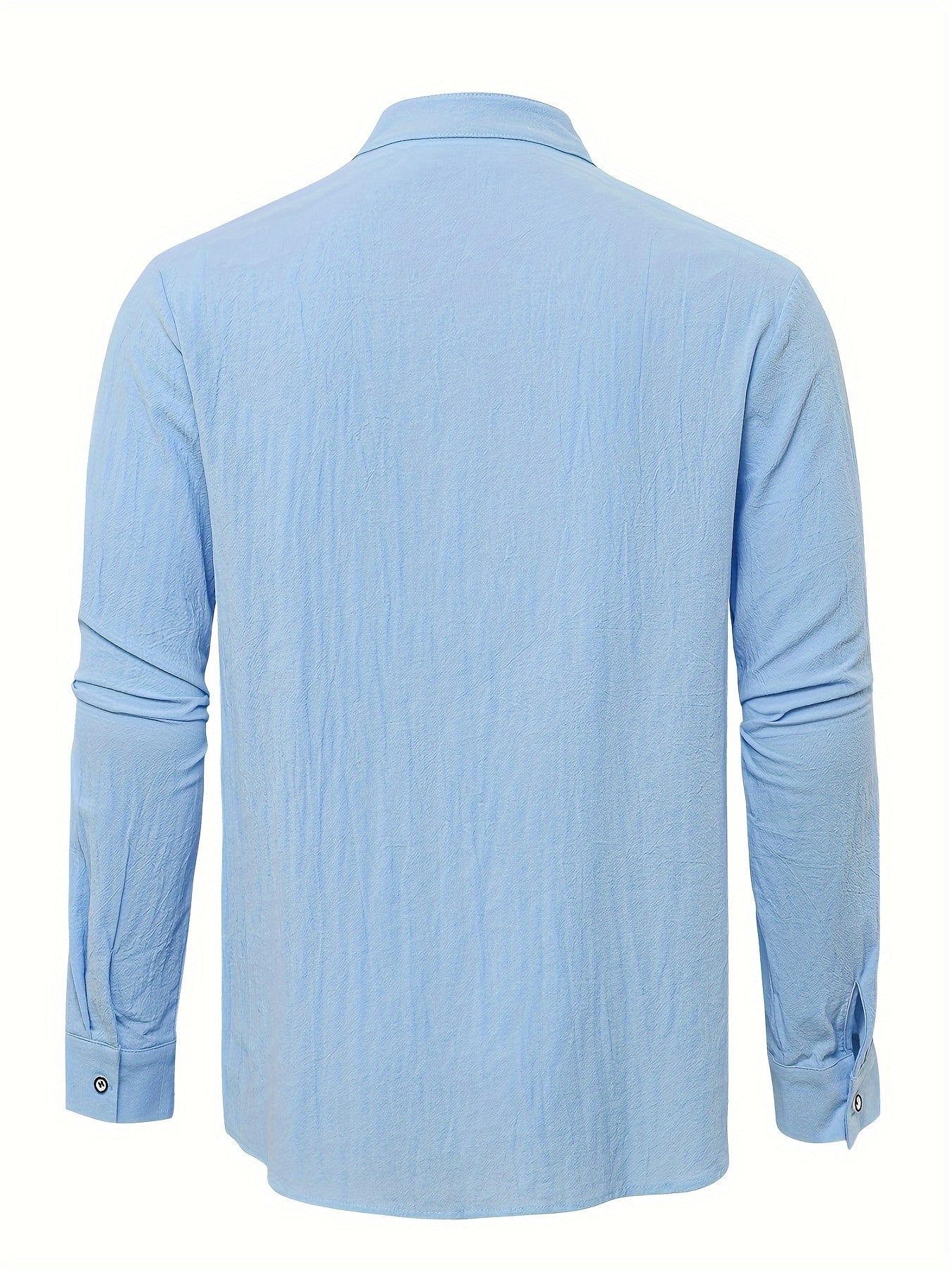 Classic Design Men's Solid Color Stand Collar Long Sleeve Button Up Top Shirt, Pure Cotton Spring And Autumn Fashion Cotton Tops For Daily And Casual Outerwear