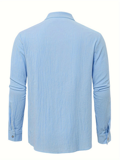 Classic Design Men's Solid Color Stand Collar Long Sleeve Button Up Top Shirt, Pure Cotton Spring And Autumn Fashion Cotton Tops For Daily And Casual Outerwear