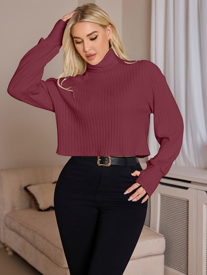 Women'S High Neck Knit Turtleneck T-Shirt, Solid Color Polyester 95% Spandex 5% Blend, Short Length, Fall/Winter Collection, 210g/m² Knit Fabric