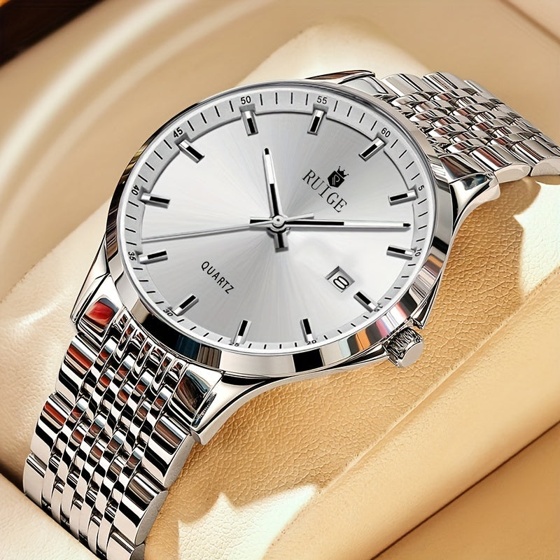 RUIGE Men's Sleek Quartz Watch - Stainless Steel Band, Simple Design with Date Display & Night Light Feature, Casual Wristwatch for Casual Attire