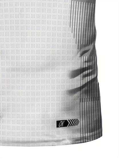 A Black And White Patterned Print Design, Men'S Sporty Fashion, Geometric Print High-Elastic Tight-Fitting Short-Sleeve Round-Neck T-Shirt, Quick-Drying Sports Top for Summer Fitness, Training, And Workout, with a Cool Feel,