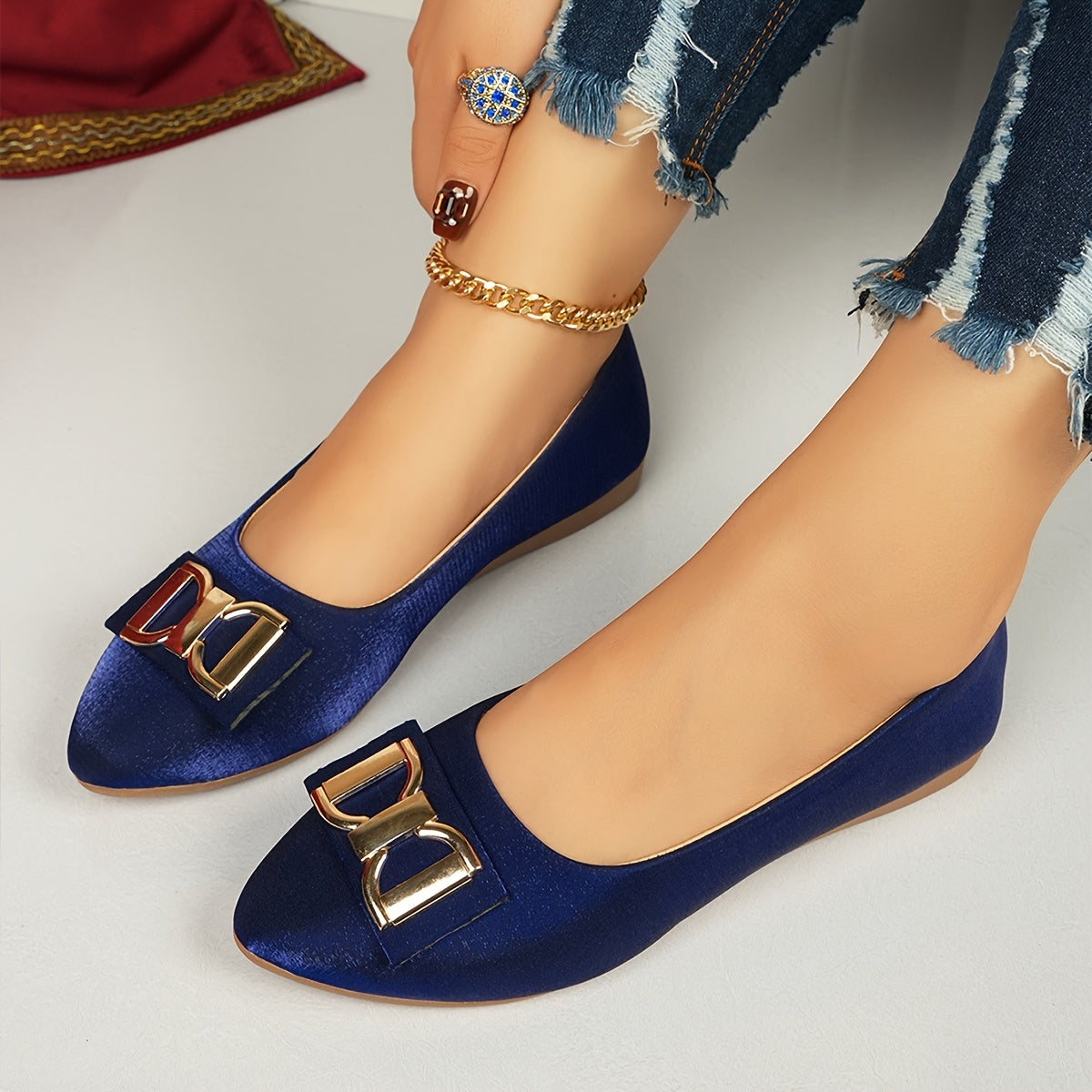 Women's Elegant Red Slip-On Flats with Golden Double Buckle Design - Comfortable Faux Cover Shoes for All Seasons, Pointed Toe Rubber Sole, Perfect for Casual or Dressy Occasions, Dressy Flats | Buckle Embellished Shoes | Lux