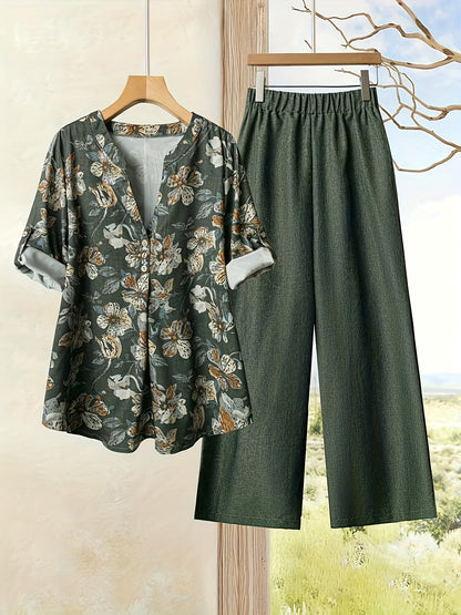Elegant Floral Print Blouse & High-Waisted Pants Set - Chic Green & White Floral Top with Ruffled Sleeves, Button-Front Design, and Wide-Leg Pants for Spring/Summer, Spring Summer Outfit | Floral Print Blouse | Buttonfront Bl