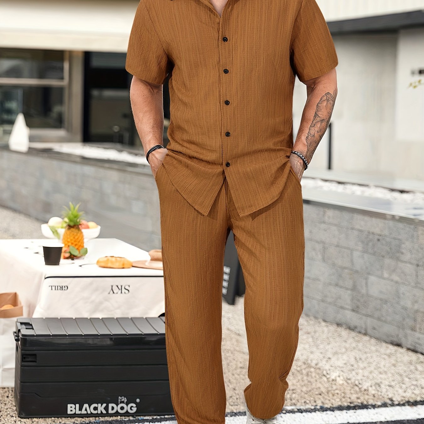 Men's Casual 2-Piece Outfit, Summer Solid Color Shirt & Pants Set, Comfy Button Up Shirt, Breathable Drawstring Pants