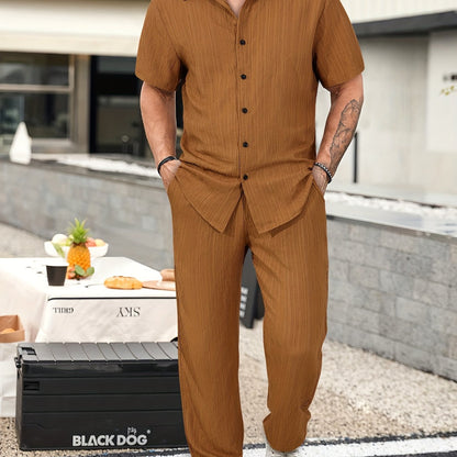 Men's Casual 2-Piece Outfit, Summer Solid Color Shirt & Pants Set, Comfy Button Up Shirt, Breathable Drawstring Pants