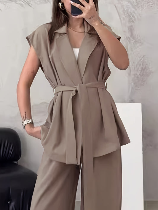 Women's Solid Color Casual Elegant Sleeveless Top and Wide-Leg Pants 2pcs Set