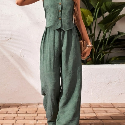 Women'S Elegant Solid Color Sleeveless V-Neck Two-Piece Set - Casual Summer Jumpsuit with Button Placket, Wide Leg Pants, and Beige Wedge Sandals, Casual Attire|Vneck Jumpsuit|Elegant Jumpsuit