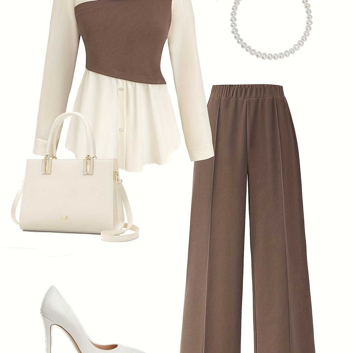 Elegant daily commuting two-piece set for ladies, featuring a color-blocked and pieced-together shirt and wide-leg trousers, suitable for all four seasons and machine washable.