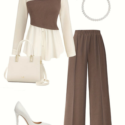 Elegant daily commuting two-piece set for ladies, featuring a color-blocked and pieced-together shirt and wide-leg trousers, suitable for all four seasons and machine washable.