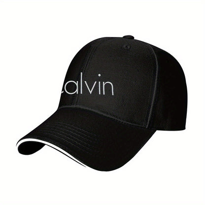 Men's Sporty Breathable Polyester Baseball Cap with Modern Metallic Calvin Text Pattern - Black & White Contrast Design for Fitness, Running, Couples Matching Hats, Fitness Accessory, Sleek Sporty Style, Comfortable Headwear