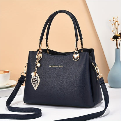 Elegant Wo 's Handbag with Detachable Shoulder Strap, Golden-Tone Hardware & Chic Leaf Charm - Stylish White Satchel for Everyday Use, Casual Chic Bag | Stylish Charm Handbag | Bag