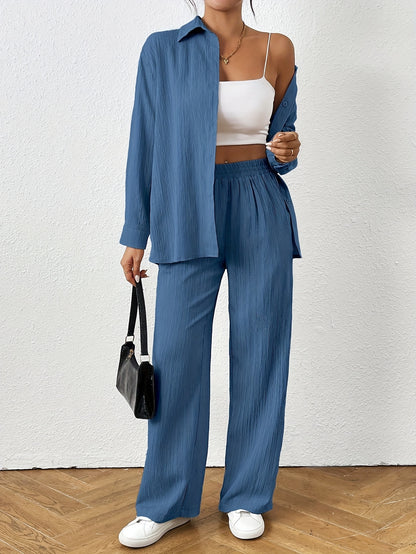 2pcs Women Spring & Autumn Casual Solid Color Long Sleeve Shirt And Pants Set