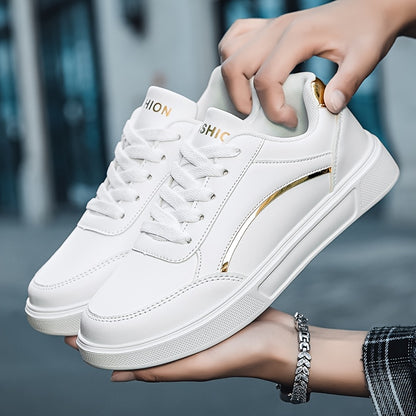 Youngsters' Fashion Sneakers - White PU Upper with Golden Accents, Comfortable & Lightweight Casual Running Shoes for Boys and Girls, All-Season Wear, Low-Top Lace-Up Design, Outdoor Youngsters's Footwear | Fabric Lined Inter