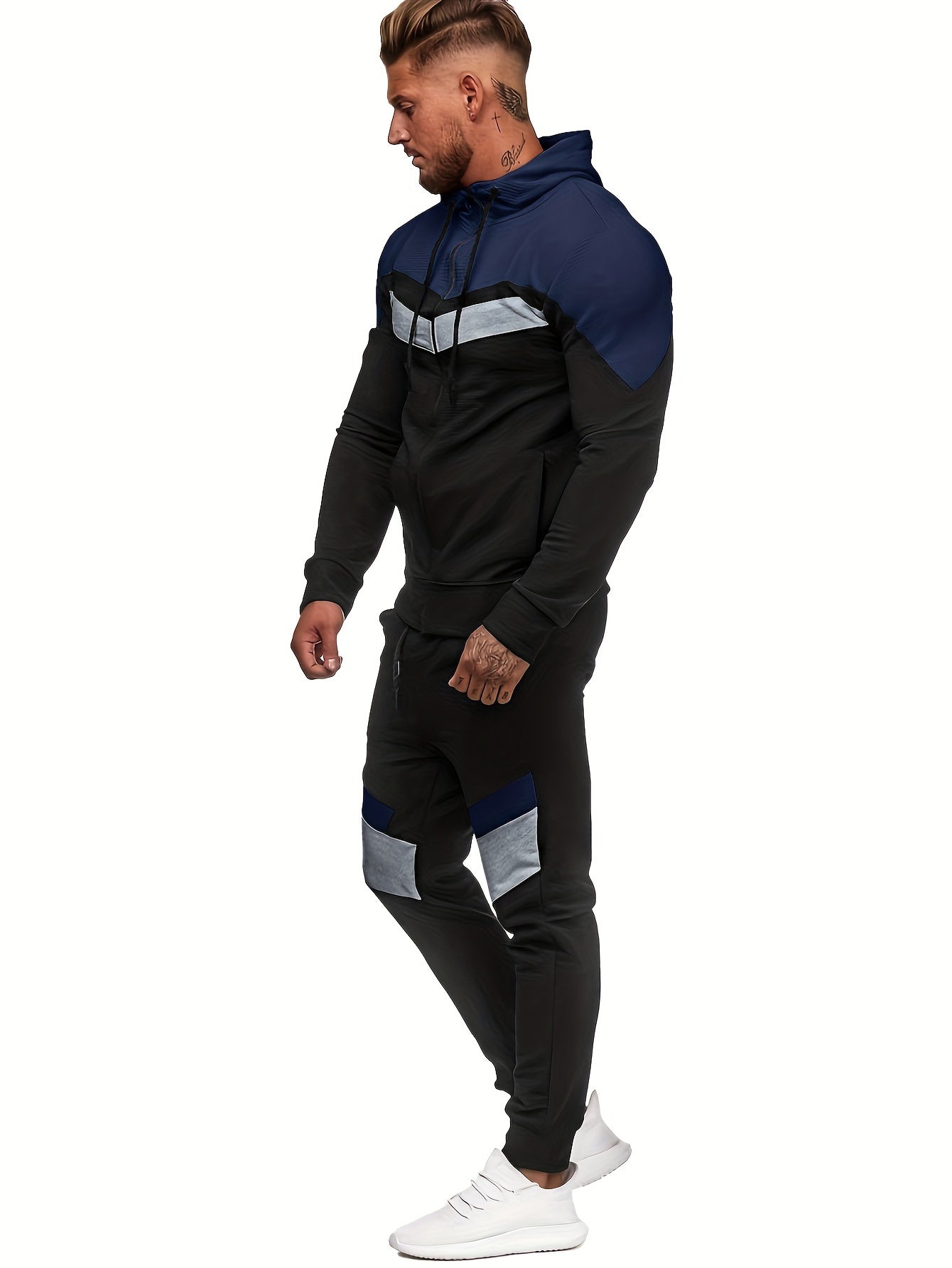 Men'S Autumn and Winter Fleece Sweatshirt Set with Hooded Drawstring Patchwork Sweatpants Casual Sporty Style Long Sleeve Jacket
