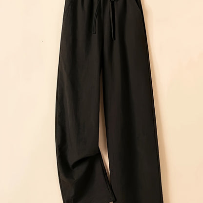 Women's Comfortable High-Waist Drawstring Wide-Leg Pants - Soft Polyester, Black, Relaxed Fit, Machine Washable, Casual Style for Casual Attire, Everyday Comfortable Wear | Relaxed Fit Pants | Glossy Finish